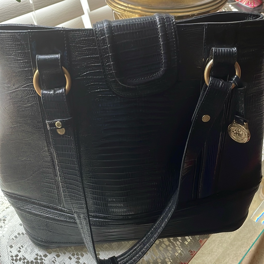 Brahmin Black Skin Patterned Genuine Leather Lg Lifetime Tote Handbag Like New!!
